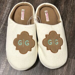 Cream Slippers with Brown and Green Embroidery